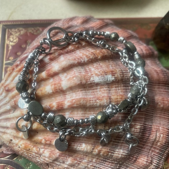 Merchant - Pyrite Triple Layered Toggle W. Coin Dangles Stainless Steel Bracelet - Picture 5 of 5